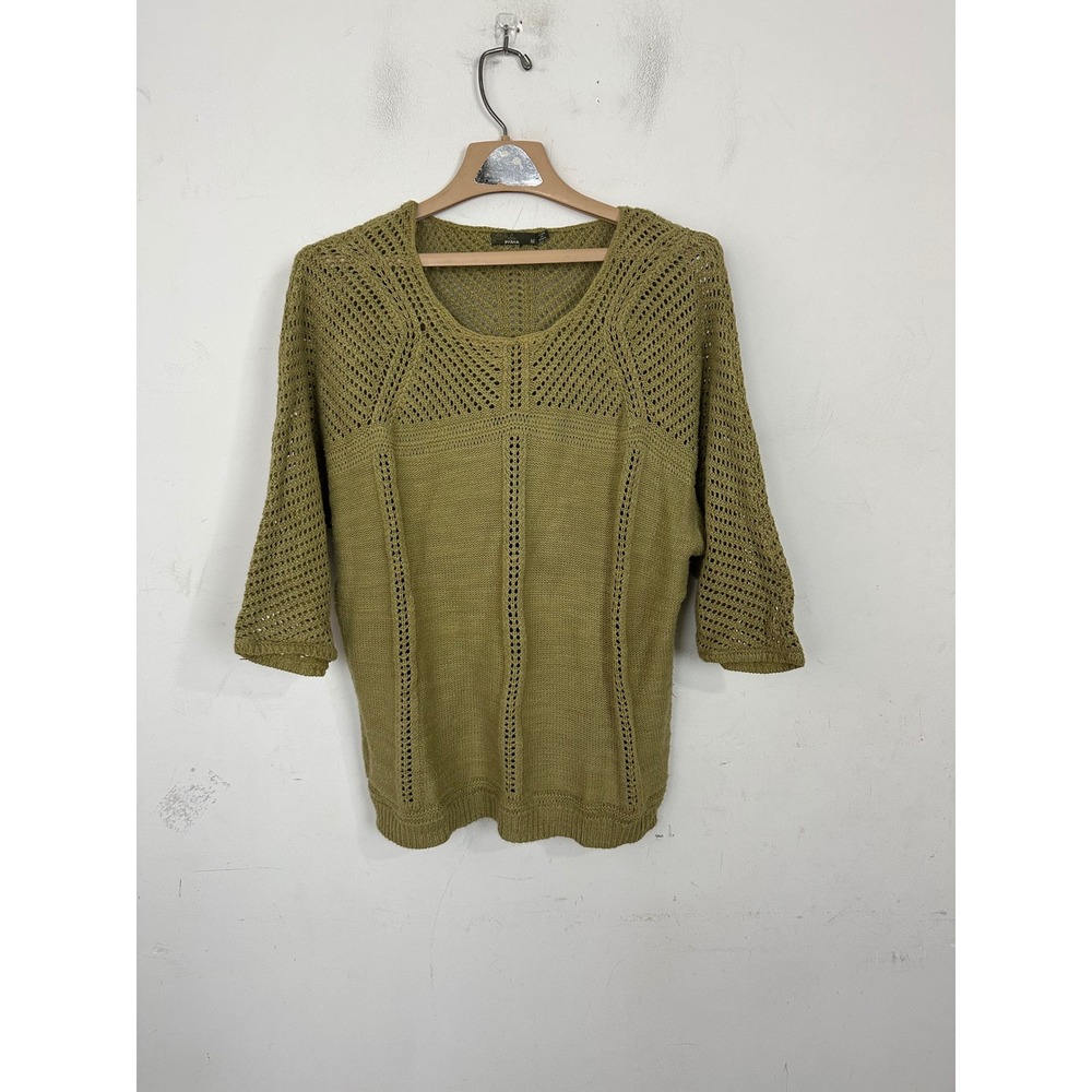 Prana Organic Cotton Knit Sweater Olive Green Pointelle 3/4 Sleeve Womens Medium